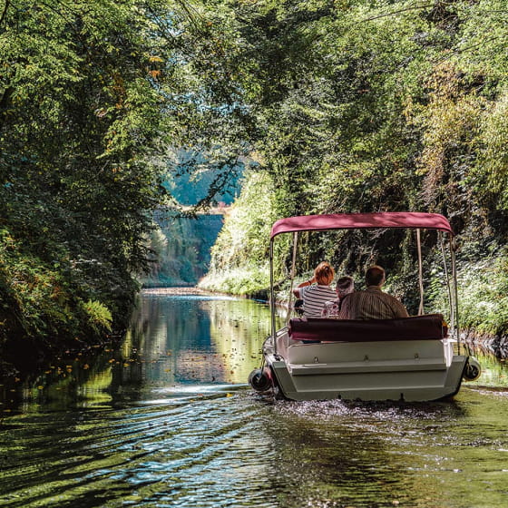 En bateau électrique sur le Canal du Nivernais à l'approche des voûtes de la Collancelle